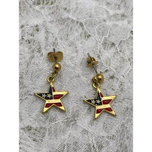 Star Flag Gold Tone Red/White/Blue Resin Dangle Earrings